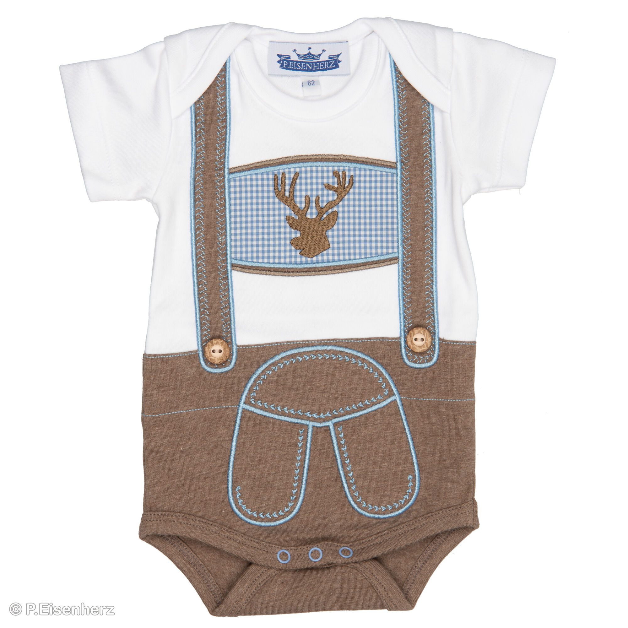 Eisenherz Baby Body Langarm – Hellblau Mit Lausbub & Breze Applikation, Trachtenlook, Größe 86