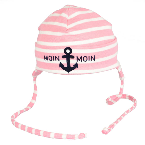 Babymütze mit Ohren "Moin Moin" mit Anker, rosa/weiß